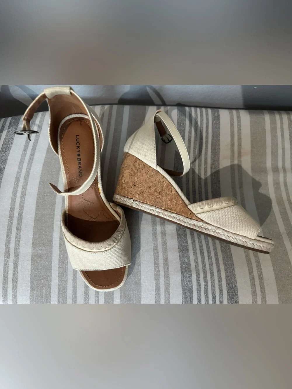 Lucky Brand Cream Canvas Cork Wedge Sandals